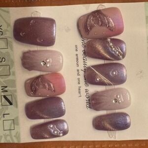 Press On‎ Nails Medium Almond Purple Pink Pearl Rhinestone Accents